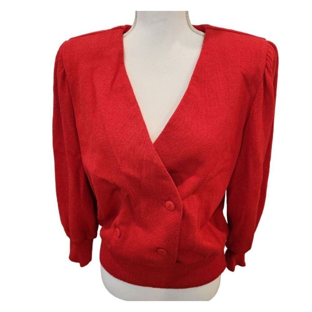 Vintage 80s ASNY Red Cardigan Sweater M Padded Shoulders Double Breasted Button